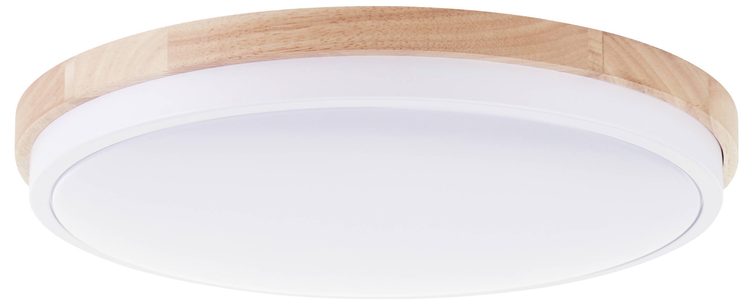 Plafonnier rond avec cadre en bois et diffuseur blanc, adapté aux intérieurs modernes.