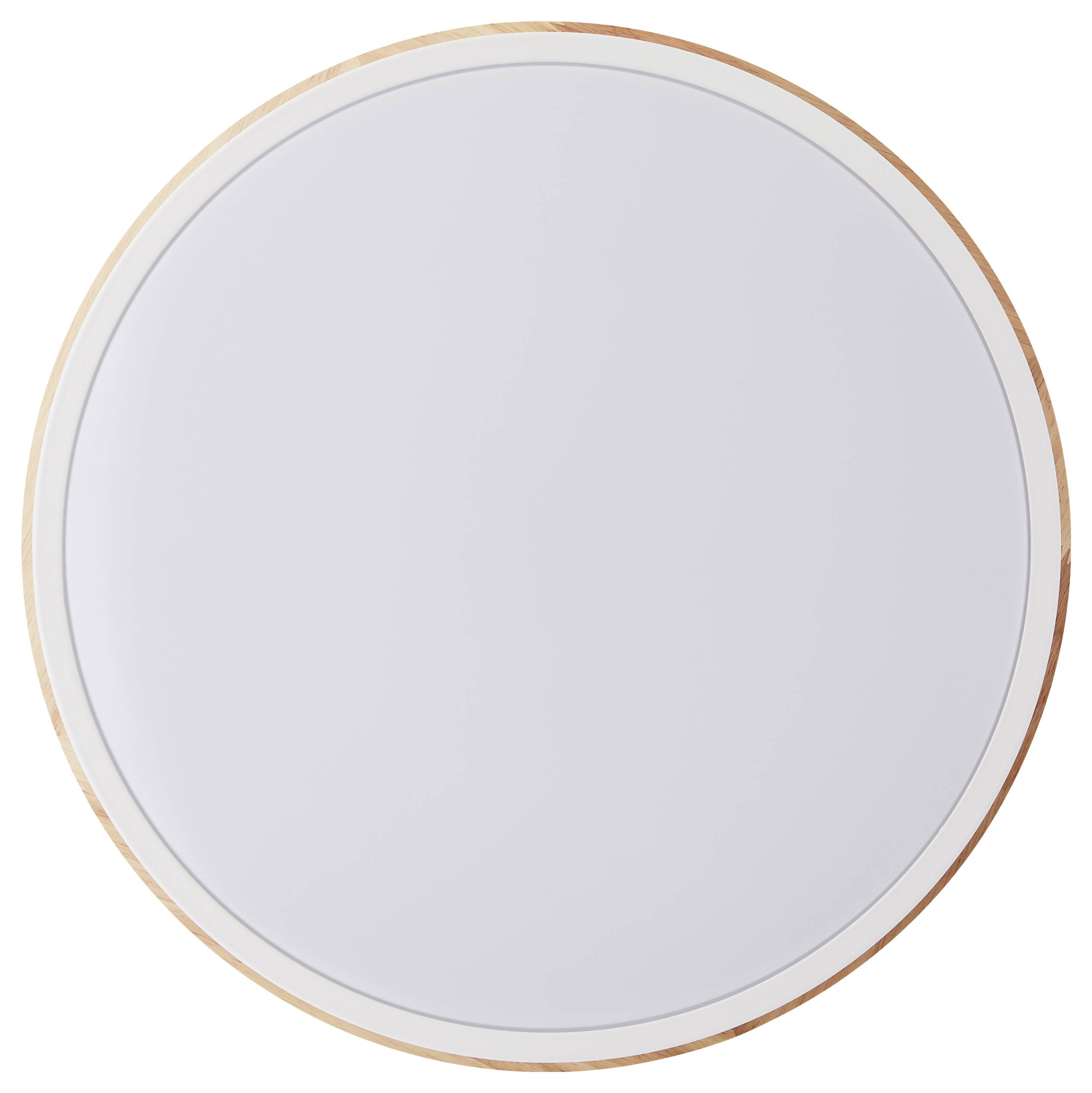 Lampe ronde, plate, blanche avec un fin bord rouge, vue de face. Adaptée pour un montage au plafond dans des espaces modernes.