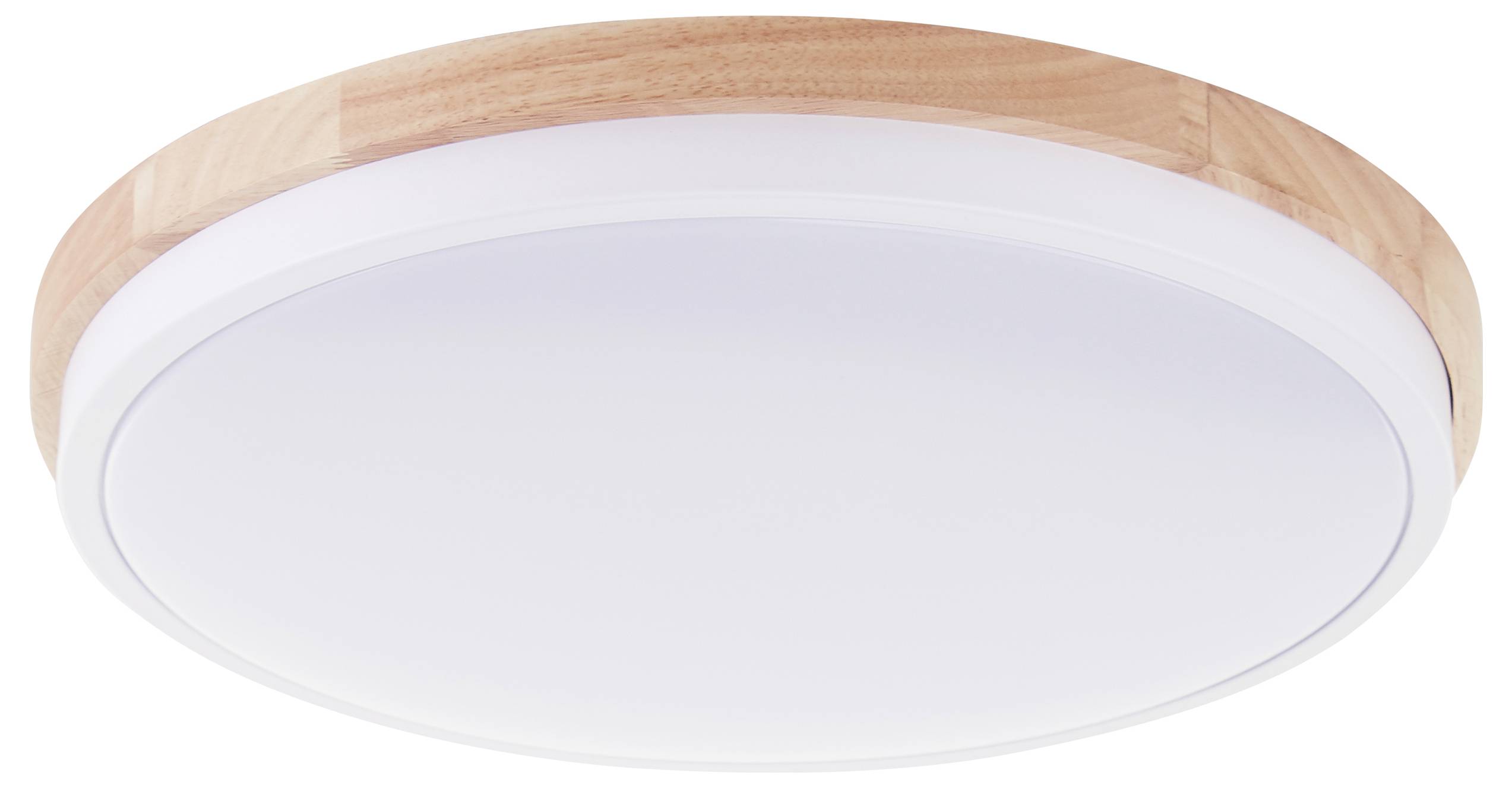 Plafonnier rond avec cadre en bois et abat-jour blanc, design moderne, adapté aux espaces de vie ou de travail.