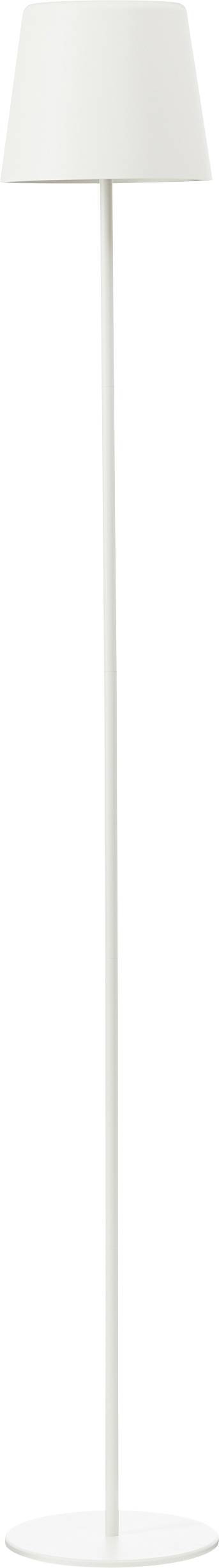 Lampadaire blanc à pied étroit et abat-jour conique. Design minimaliste pour espaces de vie contemporains.