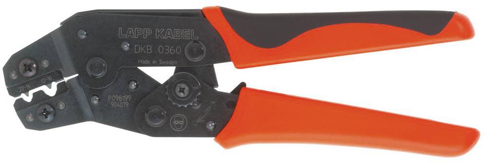 Pince à sertir manuelle avec poignées rouge et noir, adaptée à différentes connexions de câbles.