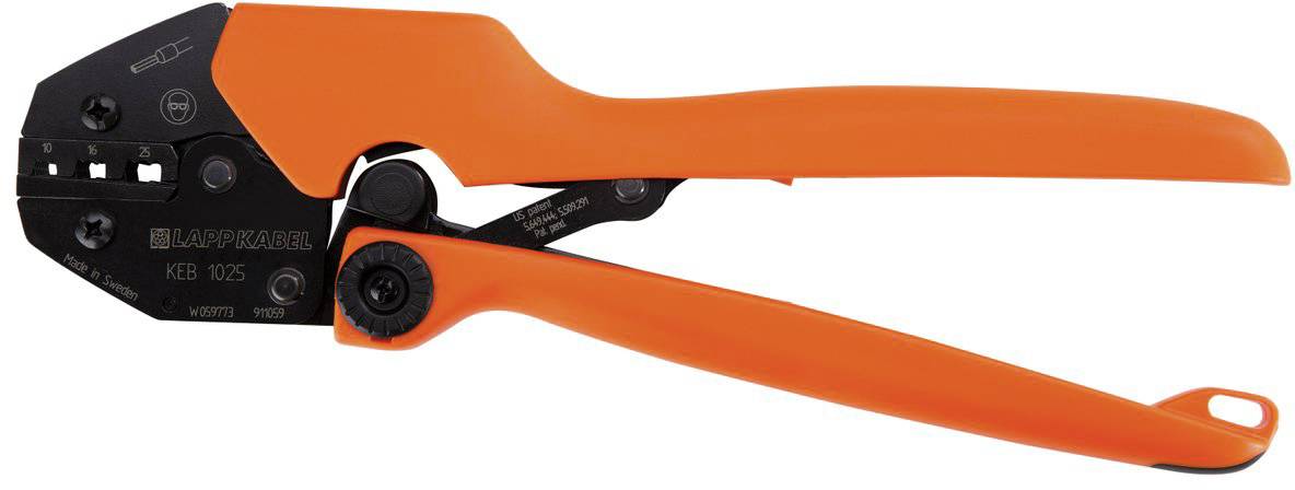 Pince à sertir orange avec tête noire, adaptée au sertissage de câbles, vue de côté.