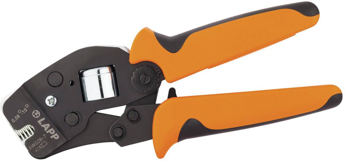 Un outil de sertissage orange et noir pour dénuder et couper des câbles, adapté aux diamètres de câbles allant de 0,08 à 9 mm.