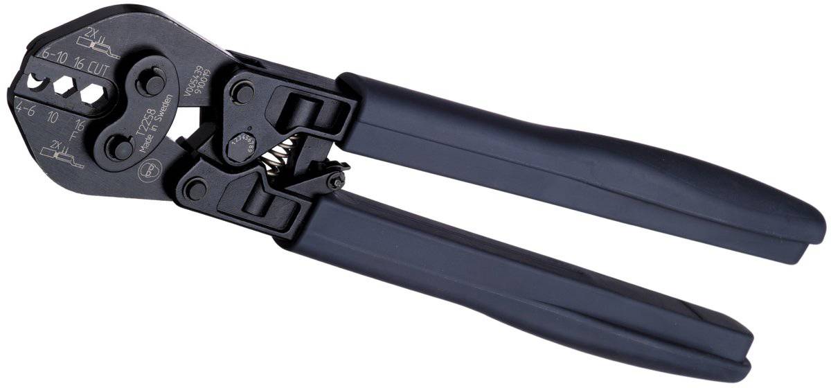 Pince à sertir avec poignée noire et différentes options de tailles pour les connexions de câbles. Idéale pour les travaux électriques professionnels.