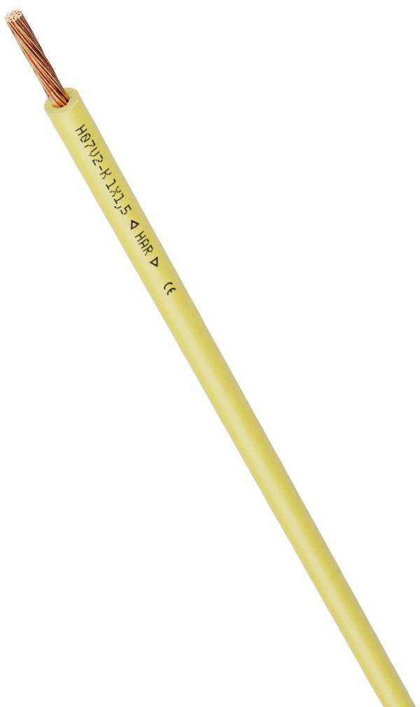 Câble électrique jaune avec fil de cuivre visible à l'extrémité. Le câble est étiqueté 'H05V-K 1x1,5 mm²', adapté pour les installations électriques.