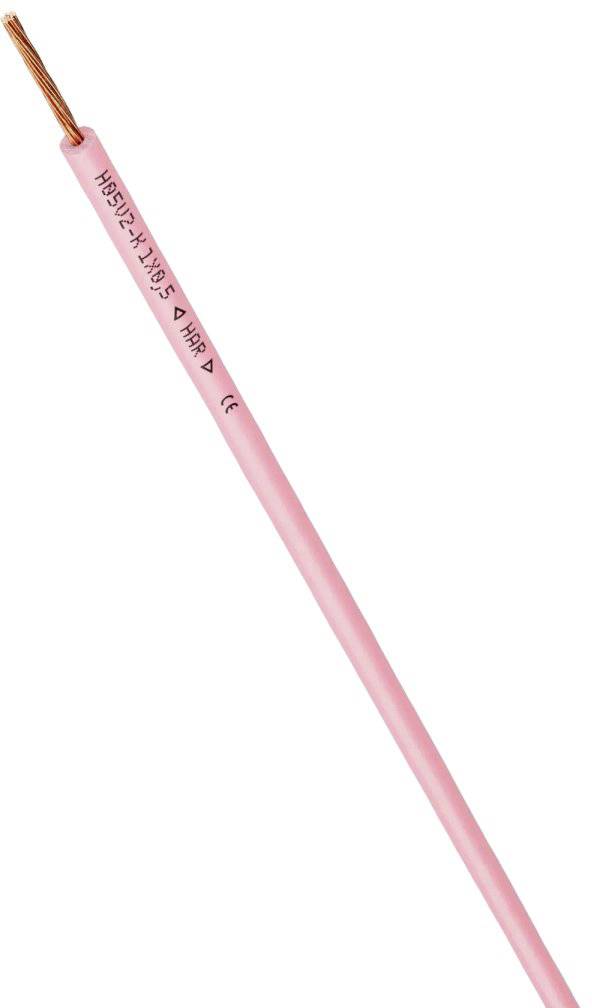 Câble électrique rose avec fil de cuivre, inscription 'H05V-K 1x1.5 5 AMP', adapté pour les installations légères.