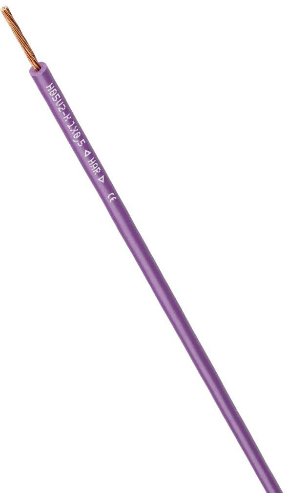Câble électrique violet avec fil de cuivre visible à l'extrémité, étiqueté avec des spécifications techniques le long de l'isolation.