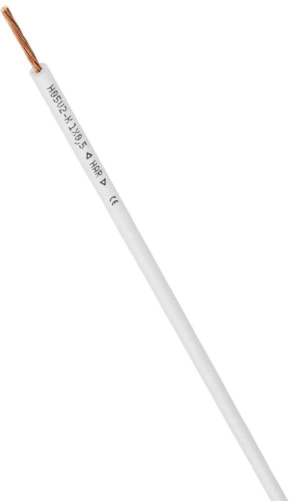 Un câble blanc avec un fil de cuivre portant l'inscription : 'H05V-U 1x1.5 S 4MP'.