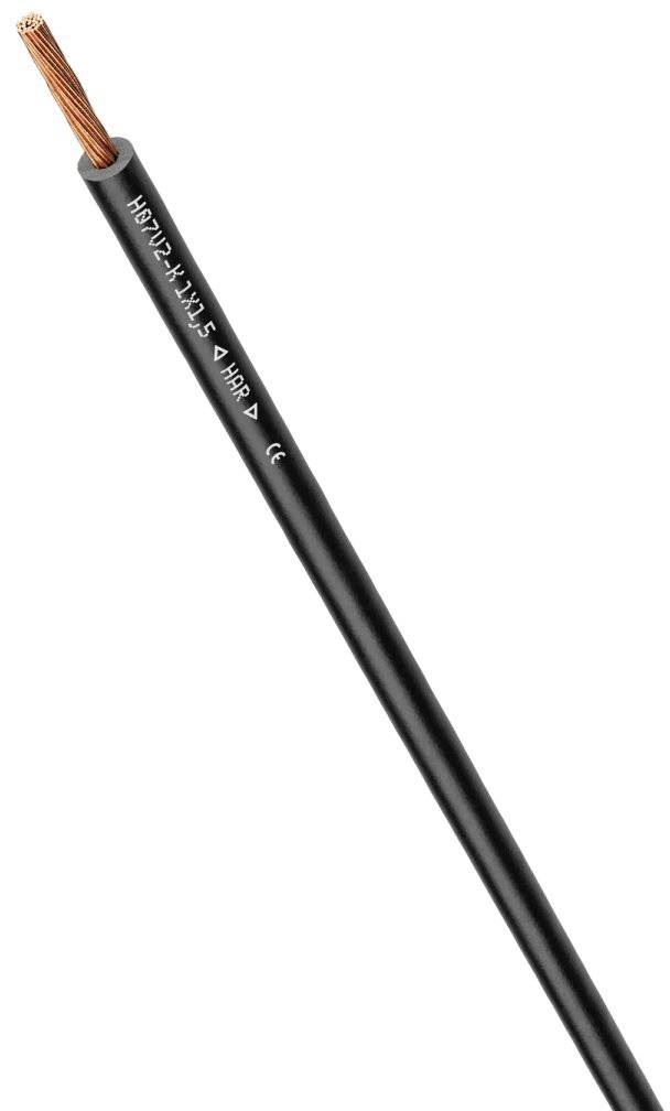 Câble électrique noir avec fil de cuivre visible à une extrémité. Des spécifications sont inscrites sur le câble.