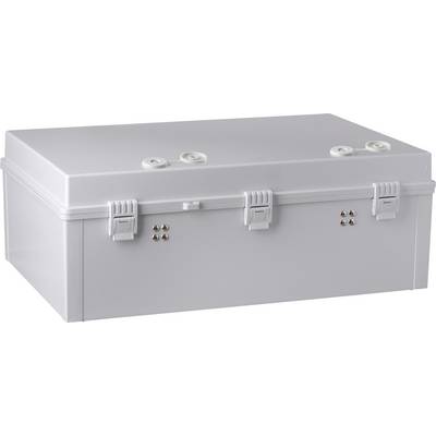Boîte rectangulaire en plastique grise avec des fermoirs à clips et trois parties de poignées rondes en haut.