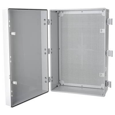 Boîtier électrique ouvert en plastique gris avec charnières, montrant une paroi intérieure perforée pour la fixation de composants électriques.