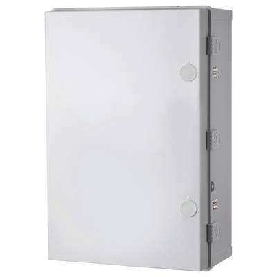 Une armoire électrique blanche, rectangulaire, avec des poignées sur les côtés. Elle a une surface lisse et est fermée.