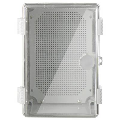 Boîtier en plastique avec couvercle transparent, fermetures latérales et grilles de ventilation. Adapté au stockage de composants électroniques.