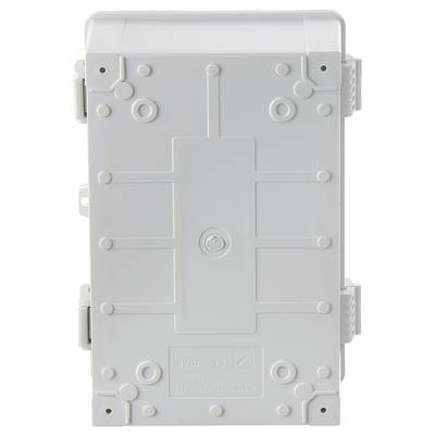 Boîtier rectangulaire gris en plastique résistant aux intempéries, doté de plusieurs points de fixation et d'une vis centrale.