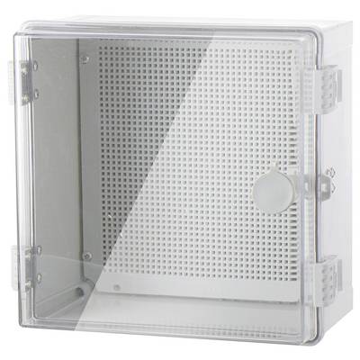Un boîtier en plastique transparent avec une grille de ventilation à l'arrière. Adapté au montage d'appareils électroniques.