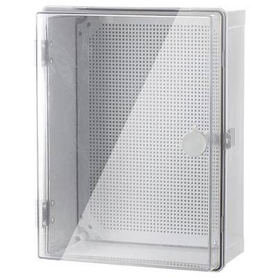 Boîte en plastique transparent avec porte et charnières, adaptée au stockage sécurisé d'appareils techniques ou de connexions.