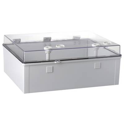Récipient rectangulaire en plastique avec un couvercle transparent et quatre boutons ronds sur le dessus, probablement pour des connexions électriques.