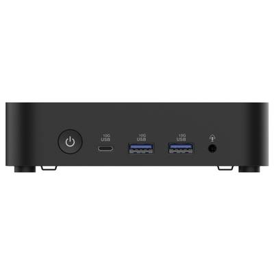 Façade avant noire d'un appareil avec bouton marche/arrêt, port USB-C, deux ports USB 3.0 et une prise audio.