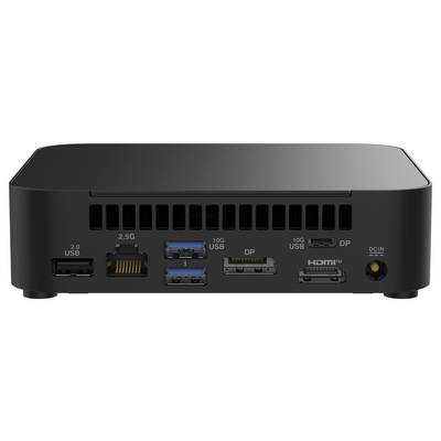 Un mini PC noir vu de dos, montrant ses ports : USB, Ethernet, HDMI et alimentation. Des fentes de ventilation sont visibles en haut.
