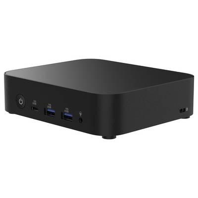 Un petit mini-PC noir avec deux ports USB-A, deux ports USB-C, une prise casque et un interrupteur marche/arrêt sur la façade avant.