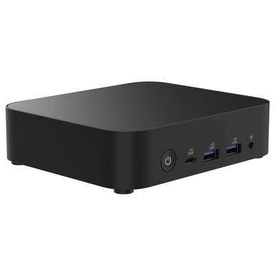 Boîtier PC mini noir avec interrupteur marche/arrêt, plusieurs ports USB et sortie audio sur la façade. Idéal pour des solutions informatiques compactes.
