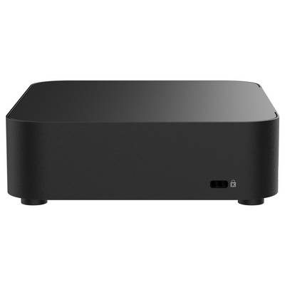 Serveur informatique noir, carré, sur fond blanc, à la surface lisse avec peu de ports ou de boutons visibles.