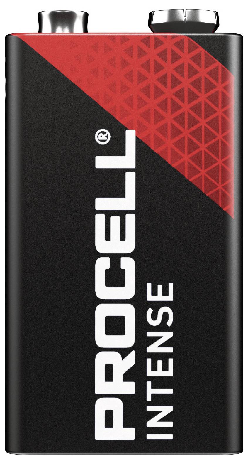 Batterie Procell Intense 9V noire avec un design diagonal rouge dans la partie supérieure.
