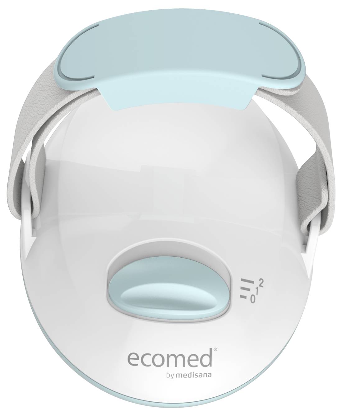 Un appareil de massage blanc avec une poignée bleue de la marque ecomed, doté d'une échelle de 0 à 2 pour régler l'intensité. Logo de la marque en bas.