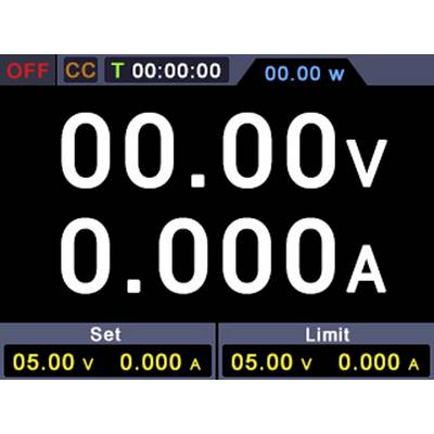 Affichage numérique d'un voltmètre et d'un ampèremètre, indiquant une tension de '00,00V' et un courant de '0,000A', avec des limites réglables.
