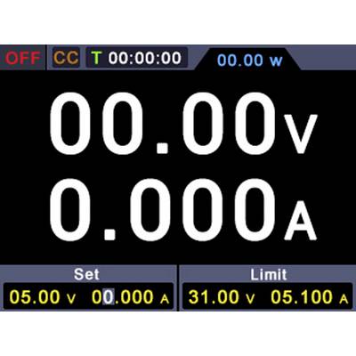 Image d'un appareil de mesure numérique affichant '00.00v' et '0.000A'. En haut à gauche : 'OFF', à côté d'autres indicateurs, en bas 'Set' et 'Limit'.