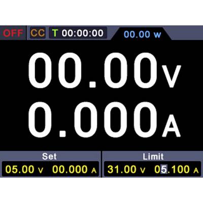 Affichage numérique d'un appareil de mesure : Tension '00.00V', Courant '0.000A'. Valeurs de réglage : '05.00V', '00.000A'. Limites : '31.00V', '05.100A'.