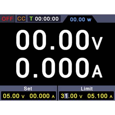 Un affichage numérique indique des tensions de '00.00V' et des courants de '0.000A'. Paramètres : 05.00V, 00.000A. Limite : 31.00V, 05.100A.