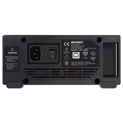 Le panneau arrière de l'alimentation Voltcraft DSP-8020 avec un interrupteur marche/arrêt, une prise électrique, un port USB et une étiquette d'avertissement.