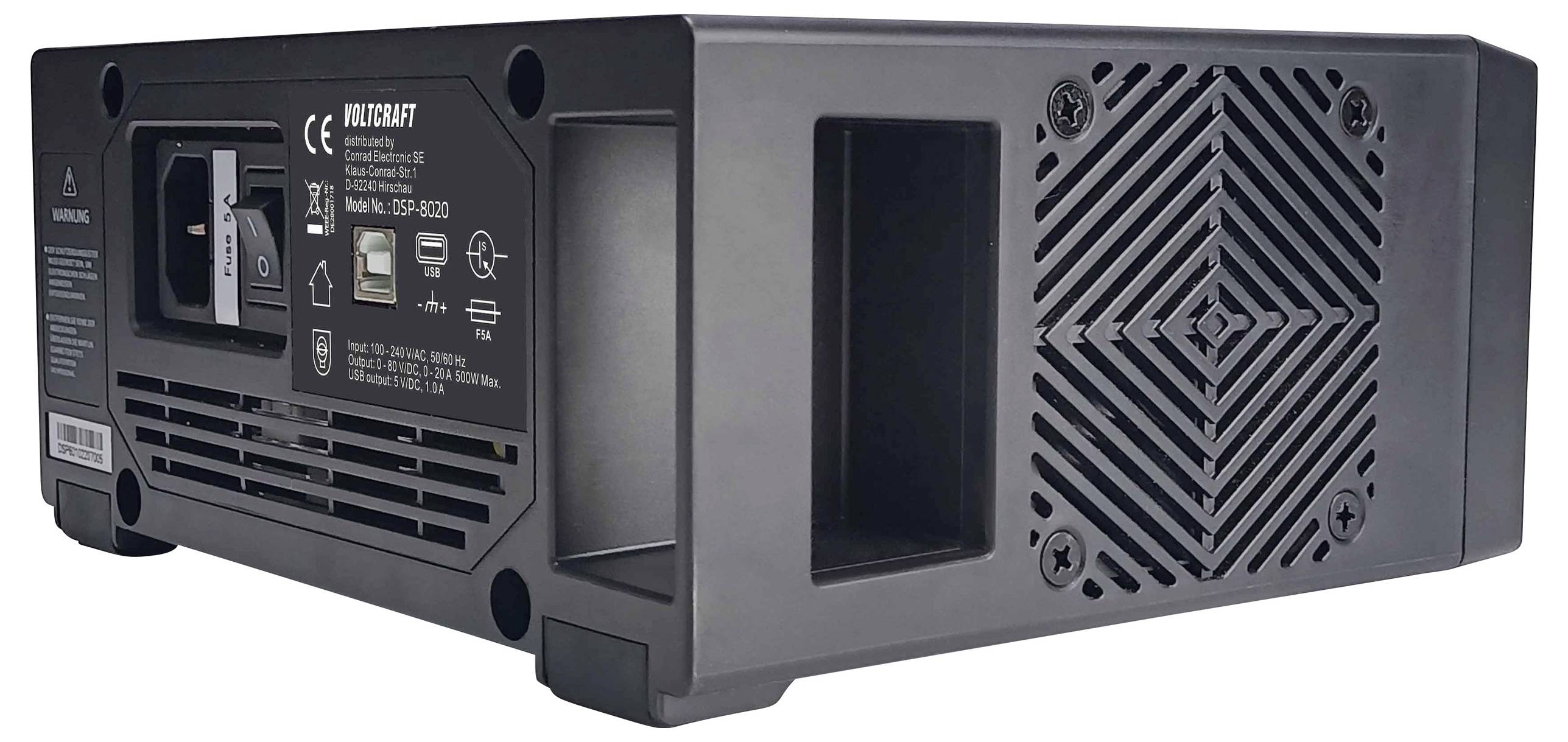 Une unité d'alimentation sans interruption (ASI) noire avec une grille de ventilation et des possibilités de connexion à l'arrière. Les marques CE et RoHS sont visibles.