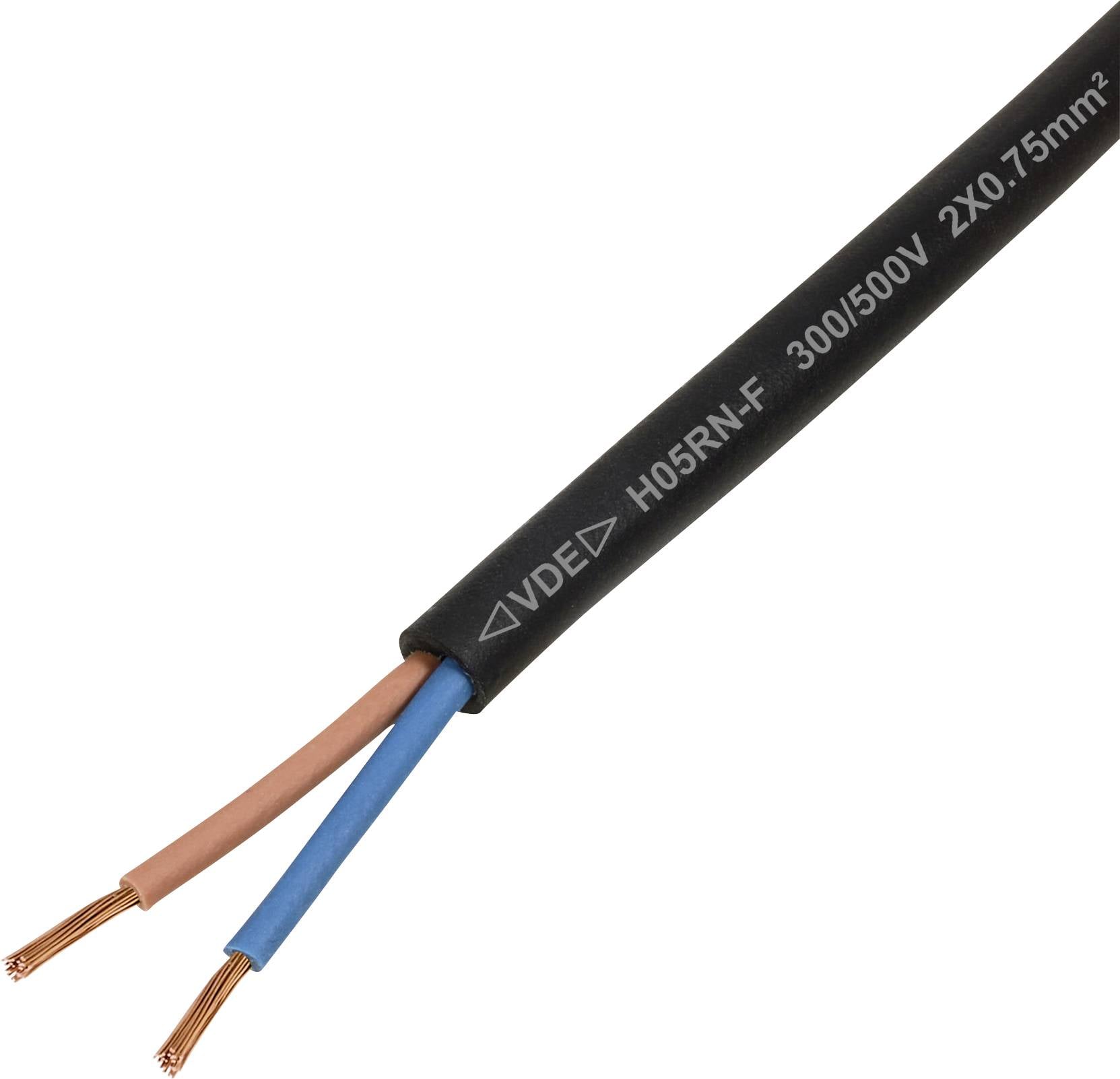 Câble électrique noir étiqueté « H05RN-F 300/500V 2x0.75mm² » montrant deux fils, un bleu et un marron, avec les extrémités en cuivre exposées.