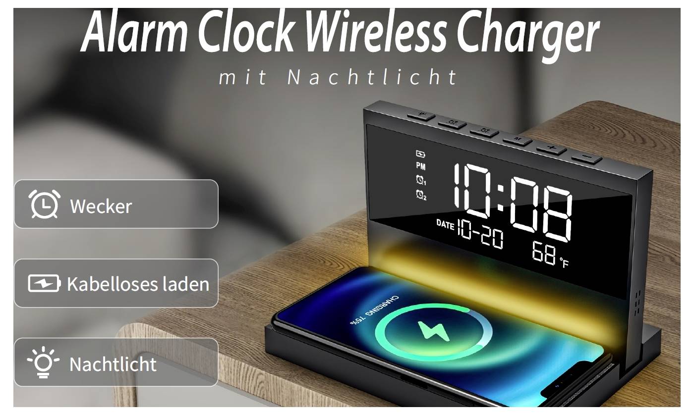 Image publicitaire d'un chargeur de réveil numérique avec plateau de recharge sans fil et veilleuse ; l'écran affiche 10:08, 10-20 et 68 °F.