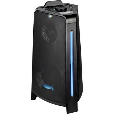 Enceinte portable noire avec panneau de commande intégré sur le dessus, bande lumineuse LED bleue sur le côté, posée verticalement.