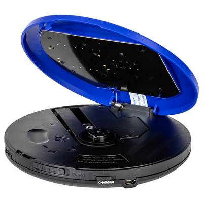 Un Discman ouvert avec un couvercle bleu, montrant le compartiment intérieur pour les CD. Sur le bord se trouve une étiquette de connexion portant l'inscription 'CHARGING'.