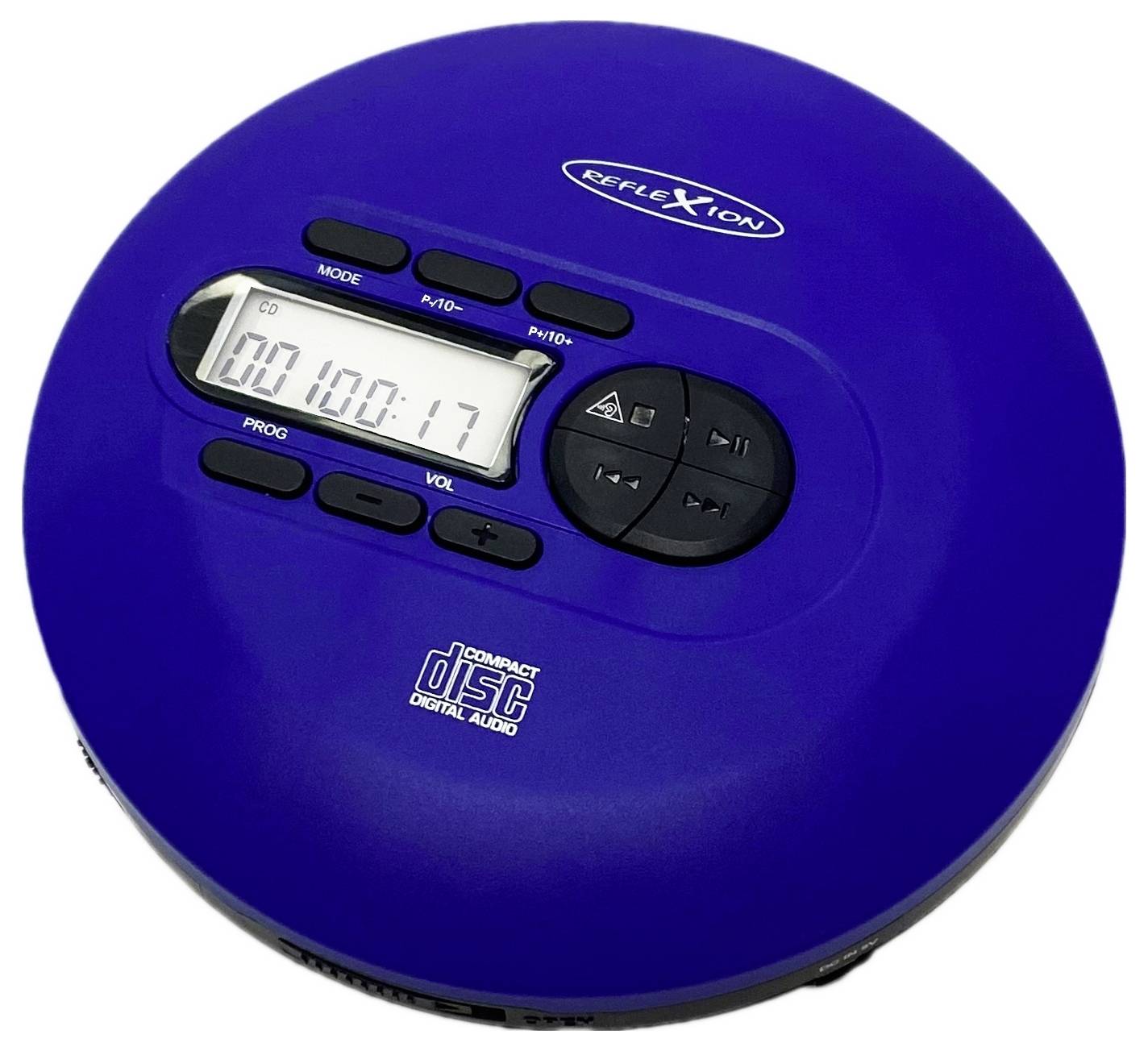 Lecteur CD portable avec écran numérique, affichant '00 10:17'. Touches de contrôle pour la lecture et le volume, boîtier bleu.
