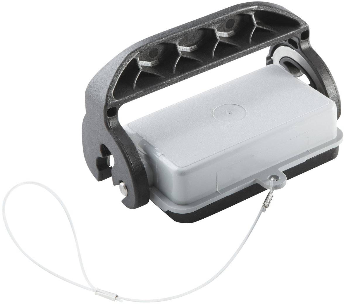 Une poignée en plastique noir et gris avec un mécanisme de fermeture intégré et un câble de sécurité pour le transport.