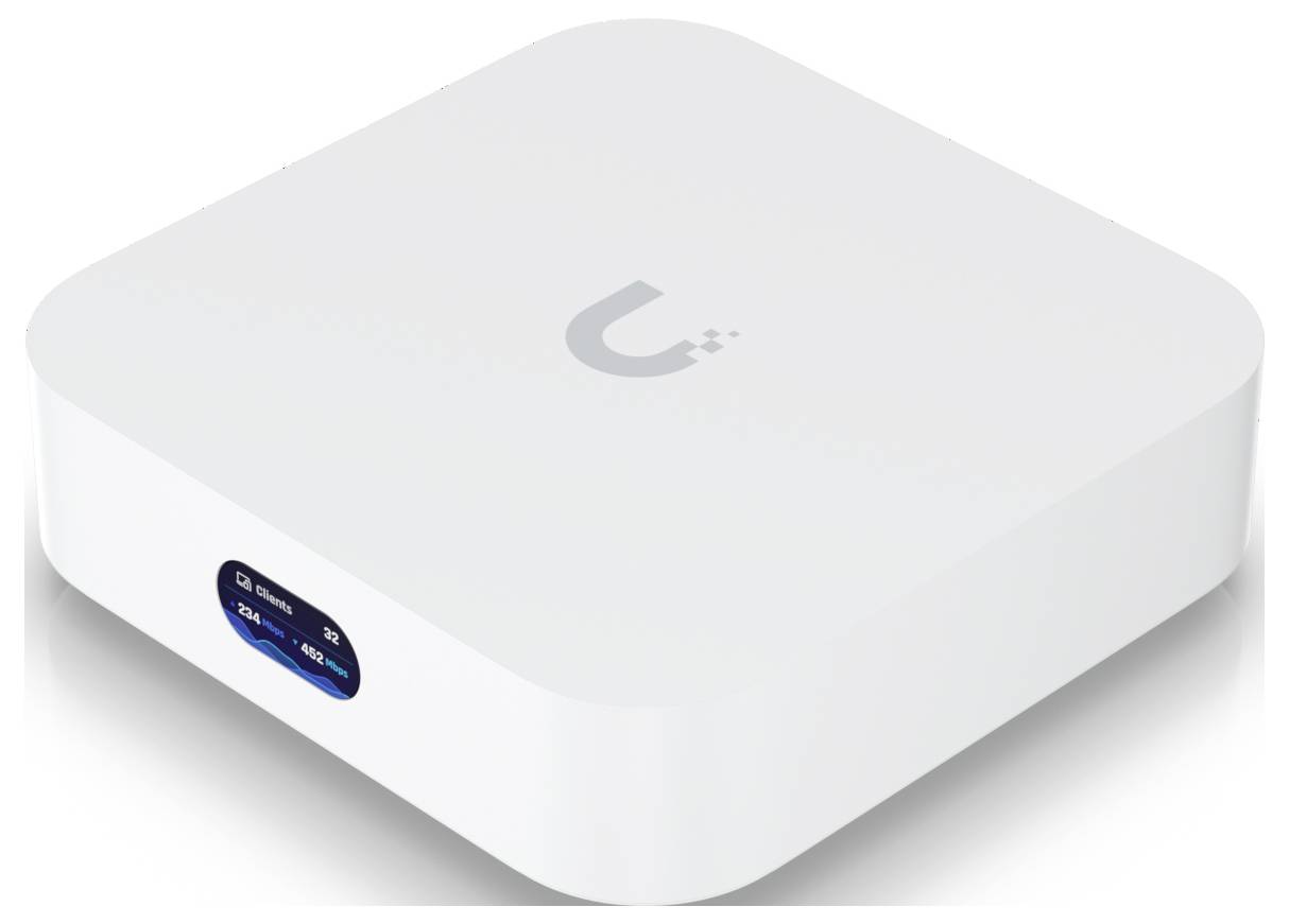 Un appareil électronique blanc au design minimaliste, doté d'un petit écran sur le côté affichant des indicateurs numériques.