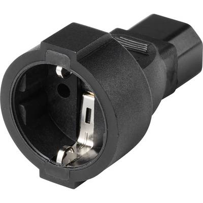 Adaptateur de prise noir au design arrondi et doté d'éléments métalliques internes, permettant la connexion de deux types de fiches différents.