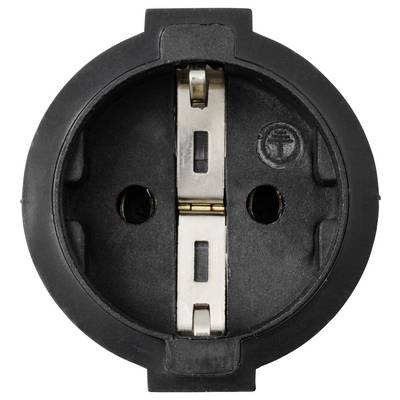 Une prise électrique ronde noire avec deux fentes verticales et un trou de mise à la terre, vue de face.