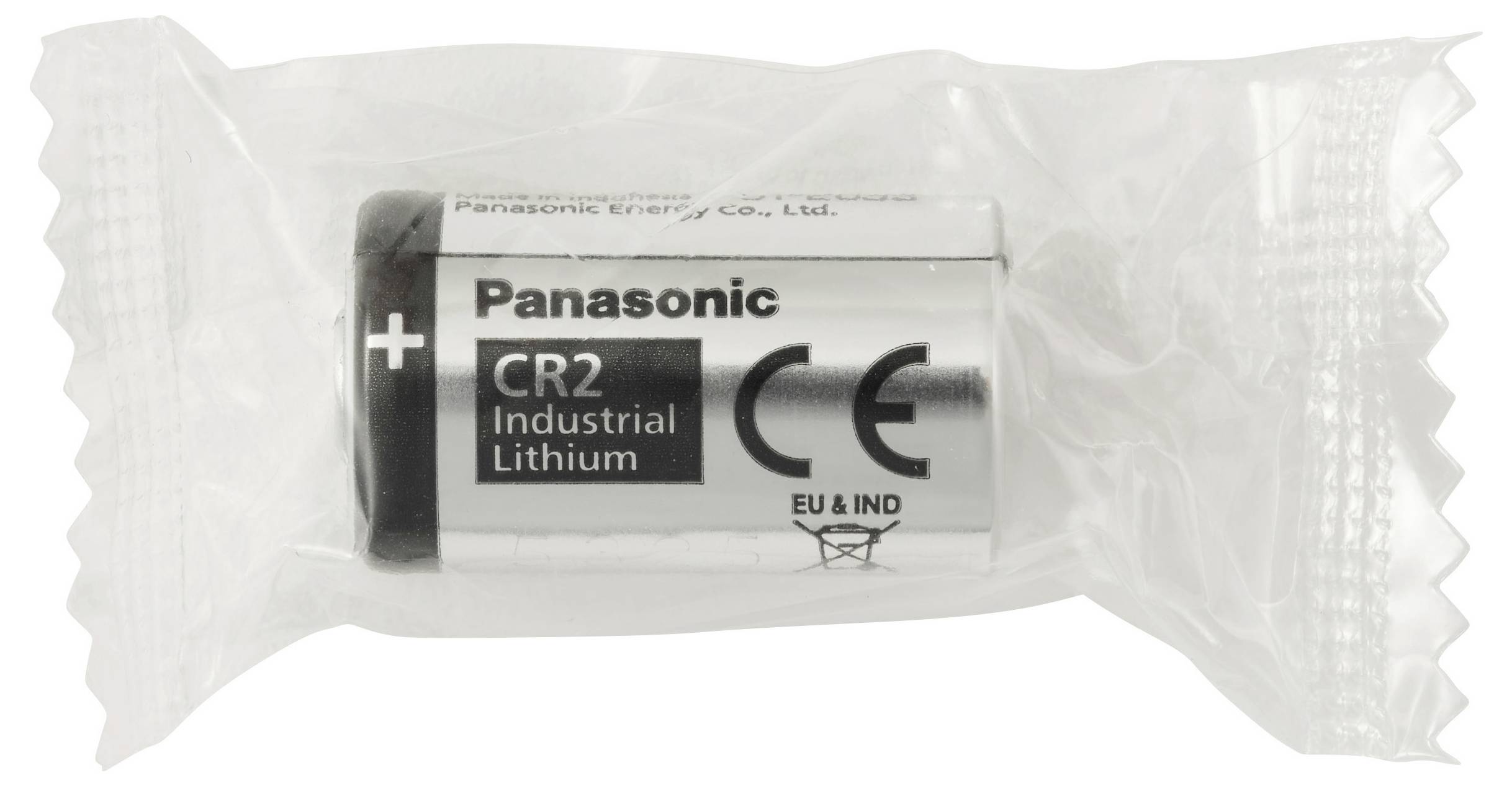 Une pile au lithium industrielle Panasonic CR2 dans un emballage en plastique transparent, montrant les bornes positives et négatives, avec des marquages de certification.