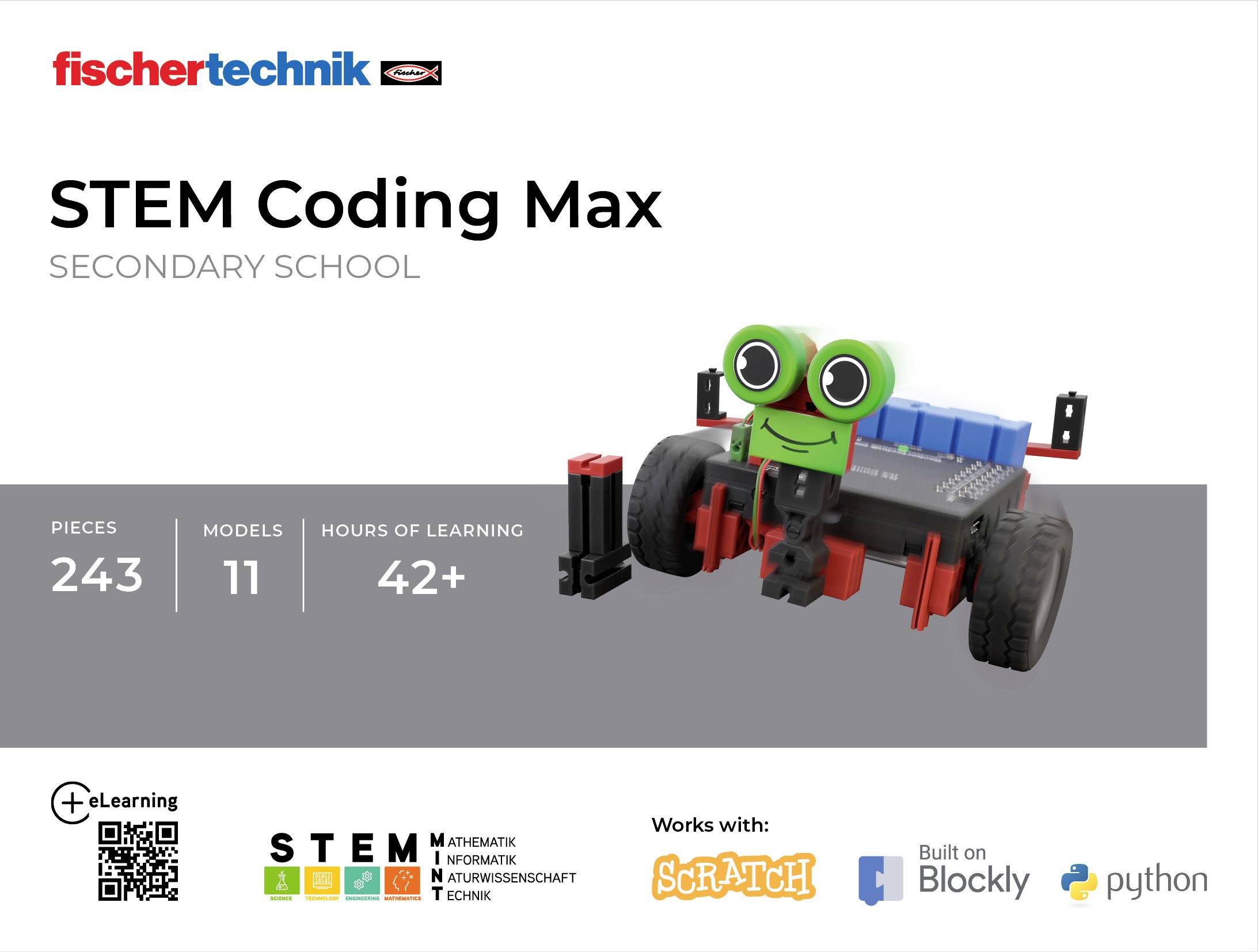 Ensemble 'STEM Codage Max' pour écoles secondaires : 243 pièces, 11 modèles, plus de 42 heures d'apprentissage. Compatible avec Scratch, Blockly, Python.