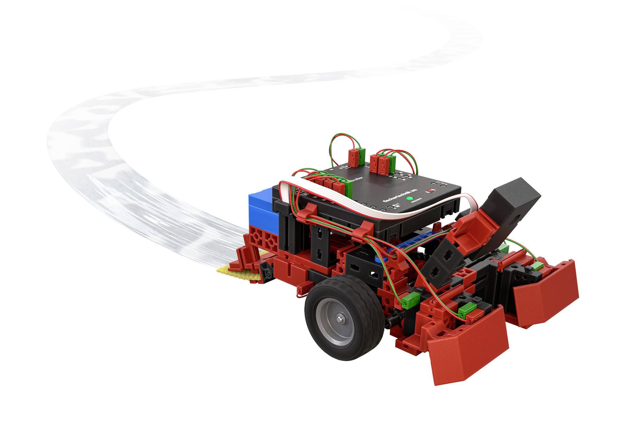 Un petit robot coloré à roues suit une trajectoire sinueuse. Il est équipé de composants électroniques et se déplace de manière dynamique.