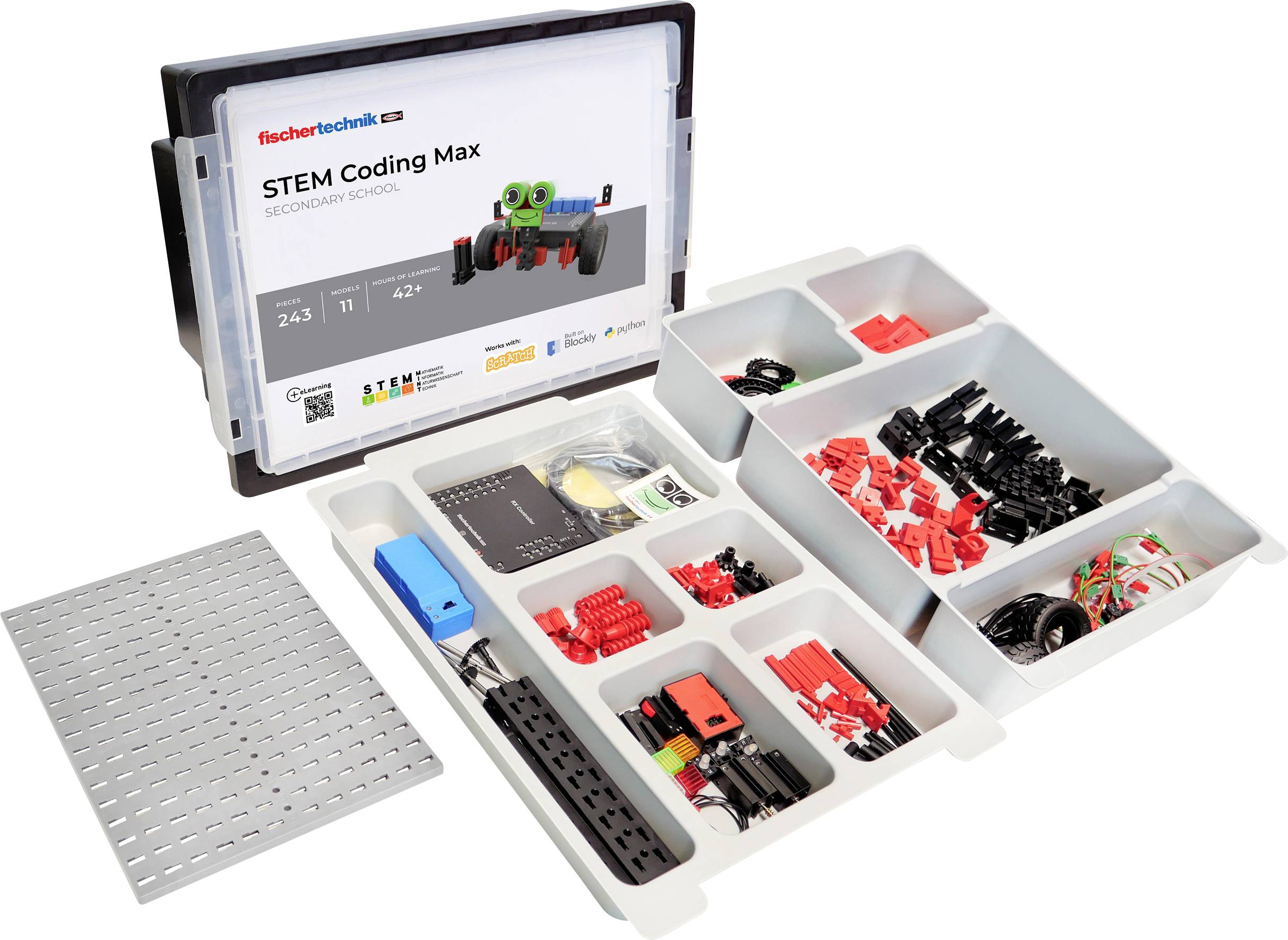 Un ensemble de matériaux de construction et de composants électroniques pour l'enseignement STIM, organisé dans une mallette.