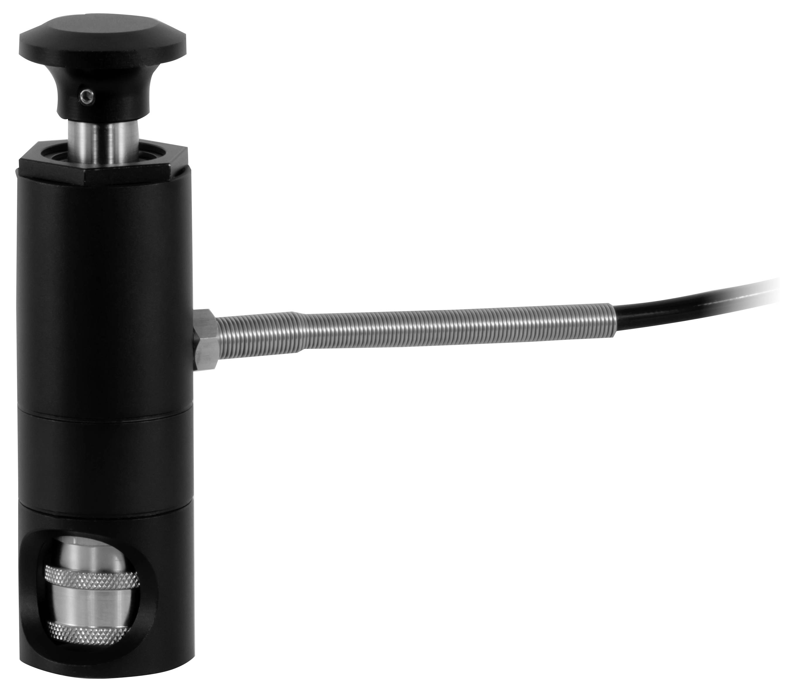 Capteur ou interrupteur cylindrique noir avec un câble s'étendant vers la droite, présenté sur un fond blanc.