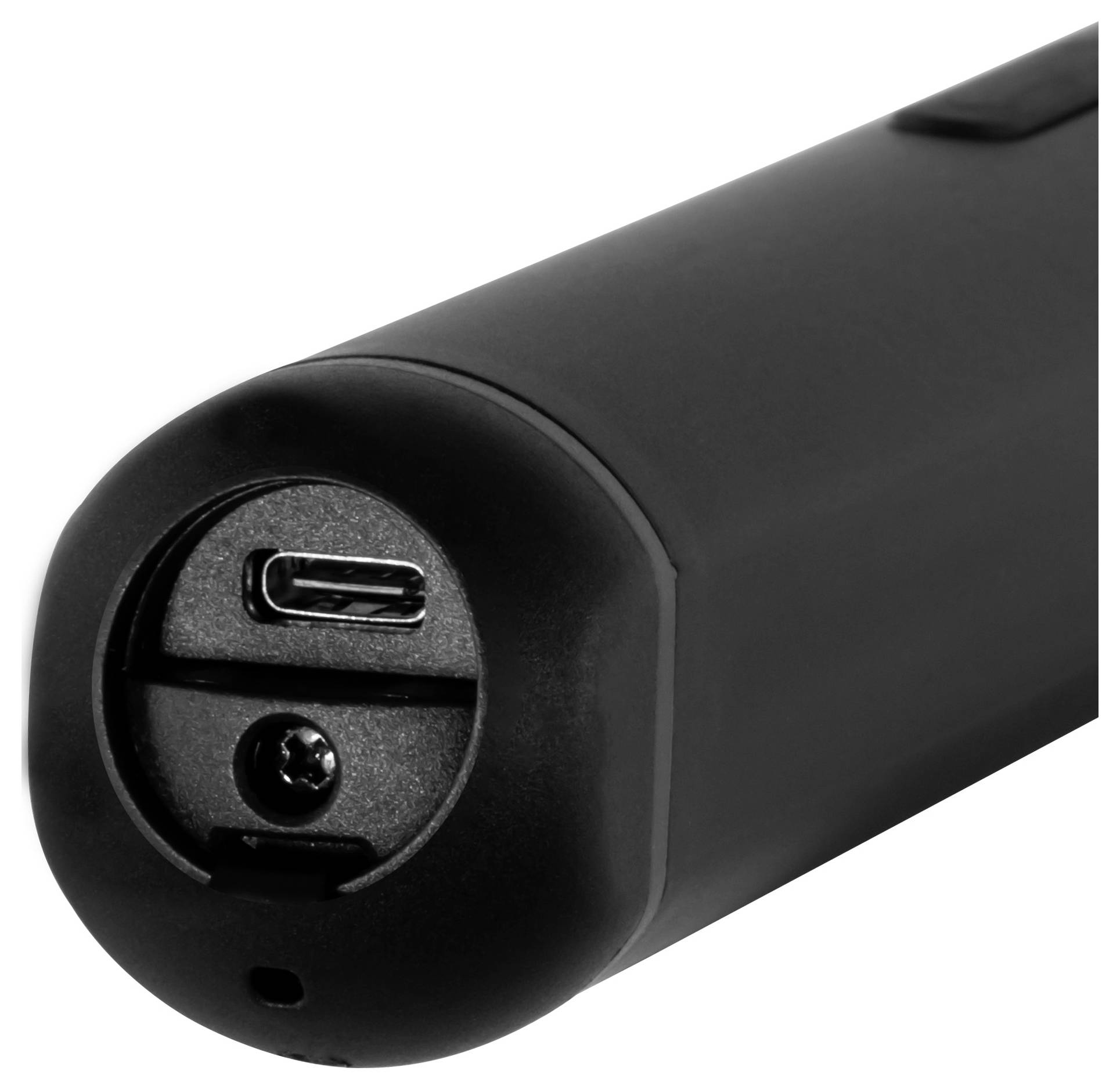 Gros plan d'un dispositif cylindrique noir montrant un port de charge USB-C et une petite vis sur le capuchon d'extrémité.