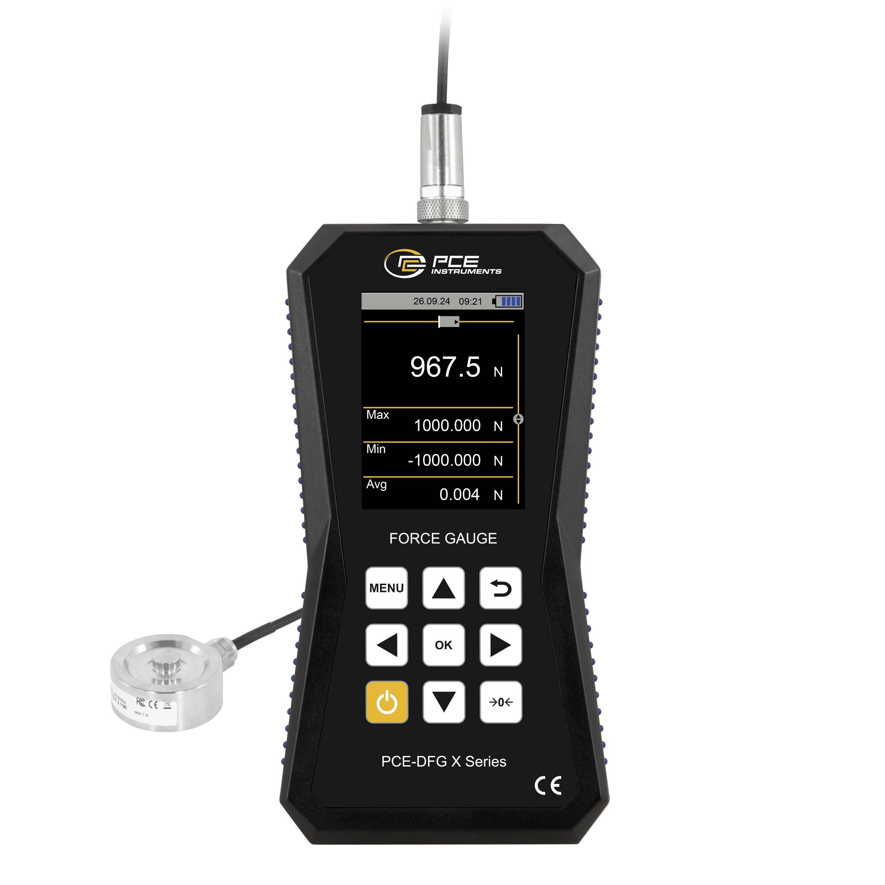 Jauge de force PCE avec sonde et affichage montrant 967,5 N, plus max 1000,000 N, min -1000,000 N, et moy 0,004 N.